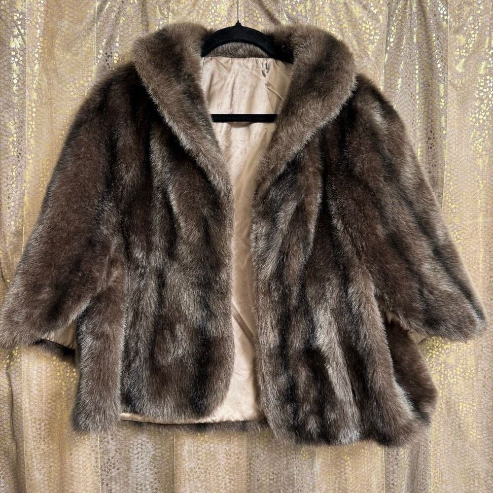 By Glenoit Woman's Faux Fur Over Coat Brown Solid Large Open Vintage